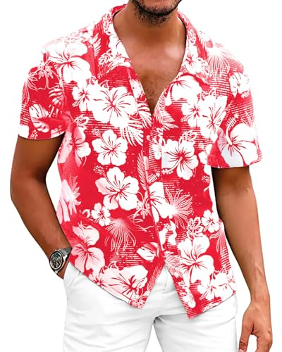 Fastkoala Hommes Chemise à Fleurs Hawaïennes Chemises Tropicales Plage Tops Holiday Summer Casual Button Down Rouge XL