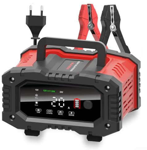 Auto Akku Ladegerät 12V/24V Smart Rickle Ladegerät, Lithium, Lifepo4, Blei Säure, 12V/24V Autobatterie Ladegerät, Batterieladegerät KFZ für Auto, Motorrad, Rasenmäher