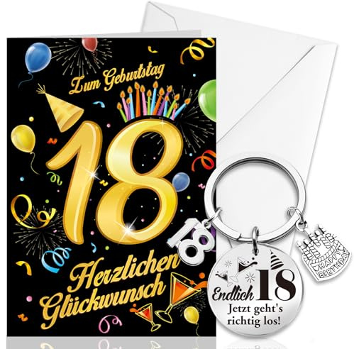 HOWAF Geburtstagskarte 18. Geburtstag Mädchen Junge, 18 Geburtstag Karte 18 Geburtstag Geschenk zum 18 Geburtstag Schlüsselanhänger, Geschenke zum 18 Geburtstag Mädchen Junge, Schwarz Gold
