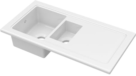 Balterley Ceramic Kitchen Sink with Drainer & Overflow Hole, 101cm Bowl Inset Fireclay White Kitchen Sink, 1.5 Double Bowl Reversible Ceramic Sinks with Plain Drainer - 1010 x 525 x 235mm (White)
