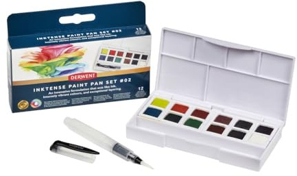 Derwent Inktense Aquarellfarben Palette #2, 12-teiliges Set, halbe Farbnäpfchen-Größe, wasserlösliche Farbe, Ideal zum Malen & Basteln auf Papier & Stoff, professionelle Qualität, Reisegröße, 2306244