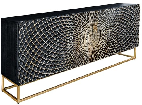 Riess Ambiente Design Sideboard Illusion 180cm schwarz Mangoholz Massivholz Gold Eisen Metallgestell Buffets Anrichte Wohnzimmerschrank TV-Schrank