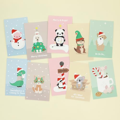 Klebekerlchen® | Lustige Weihnachtskarten für Kinder und Erwachsene | Weihnachten Grußkarten Set mit 10 Karten | Christmas Cards english | Postkarten Set – Weihnachtstiere