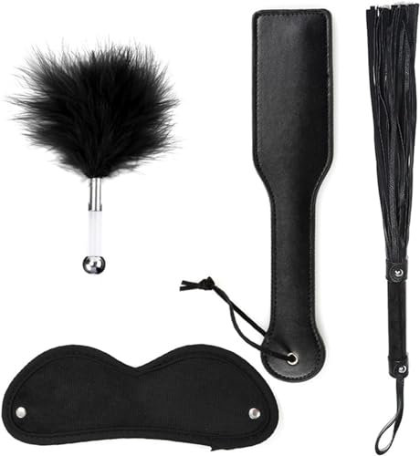 Fouets,Masque pour les yeux, flogger et cravache,4 pièces set de chatouilleur de plumes massage bâton de plumes, bandeau pour les yeux flogger fétiche attaches sexuelles pour les couples