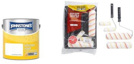 Johnstone's - Kitchen Paint - Brilliant White - Matt Finish - Grease & Stain Resistant & Fit For The Job 7 piece Emulsion Paint Roller Set, 2x 9 inch & 2x Mini Paint Rollers, Frames & Paint