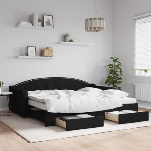 KTHLBRH Tagesbett Ausziehbar mit Schubladen Schwarz 90x200 cm Stoff Struttura del letto dell'hotel Cornice da letto per soggiorno Telaio per Camera da letto Adatto per Camera da letto