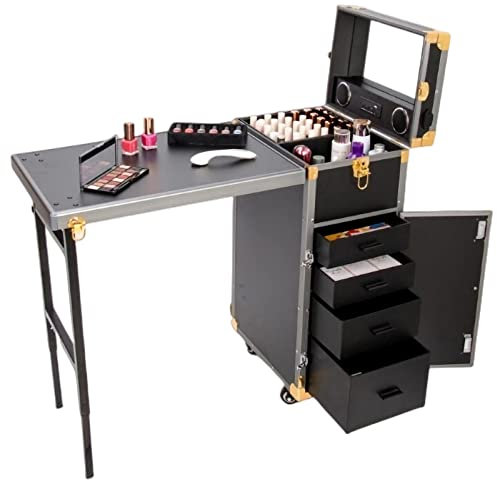 COYEUX Tragbarer rollender Maniküretisch, Faltbarer Reise-Nagelschreibtisch, mit Stauraum, Arbeitstisch und Spiegel, Bluetooth-Player, für den Salon von Make-up-Künstlern und Technikern