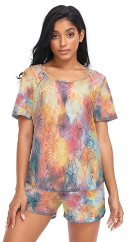 HMZXZ Damen Schlafanzug-Set Ethnisch Mandala Blume Kunst Sommer Pyjama Woman Set,indisch Loungewear und Shorts Lounge Set Sleepwear Nachtwäsche