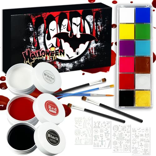 STFYUG Halloween Schminke Schwarz Weiß Rot, 13 Pcs Halloween Make Set, Halloween Make up Set, Schwarze und Weiß Gesichtsfarbe mit Makeup Pinsel für Zombies, Vampire, Monster, Cosplay