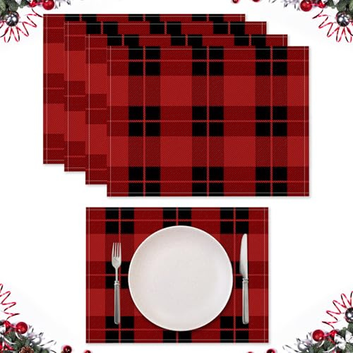 Platzsets Weihnachten, dellyy Platzset Rot, 4 Stück, Tischsets Abwaschbar, Platzdeckchen Leinen, Platzmatten Gitter, Weihnachten Deko Platzsets, Waschmaschinengeeignet