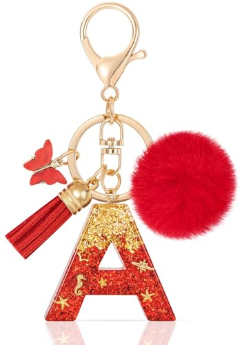 MWOOT Initiale Letter Keychains Porte Clé Lettre A,Alphabet Initial Keyring avec Papillon Pompon Pendentif,Rouge Feuille D'or Key Ring pour Femmes Portefeuilles Sac à Main Bagages Charme(A)