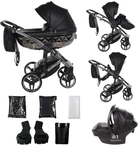 Junama Kinderwagen Diamond Hand Craft 2in1 3in1 4in1 (04 - Schwarz und Silber, 3in1 mit Autositz)