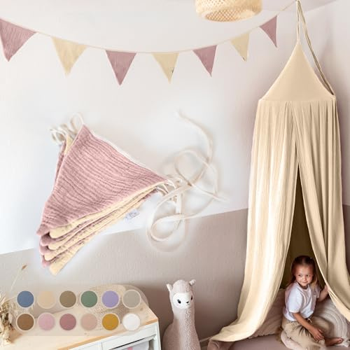 LILIMAUS Wimpelkette Stoff [in 12 Farben] Wimpelkette Kinderzimmer - 100% Baumwolle Handmade Girlande Stoff - Wimpelkette Musselin - Hausbett Deko Mädchen & Jungen - Girlande für Babyzimmer