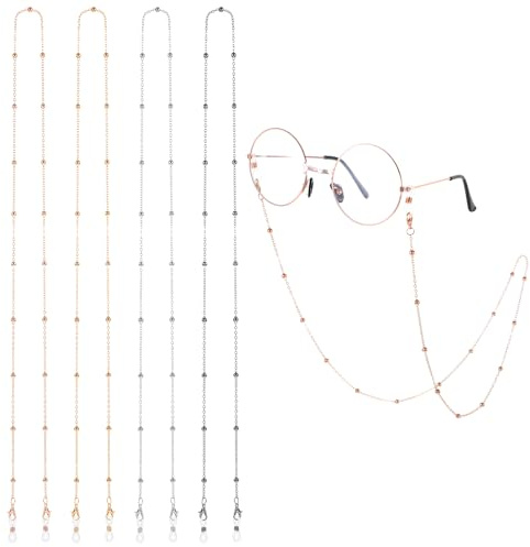 Nogeqi 4 Stück Gold Brillenkette Damen Perlen, Modern Brillenband Damen, Oma Brille Mit Kette, Elegante Brillen Kettenband Brillenketten Sonnenbrillen Mädchen Antirutsch Ringe (Silver Rose Gold Black)
