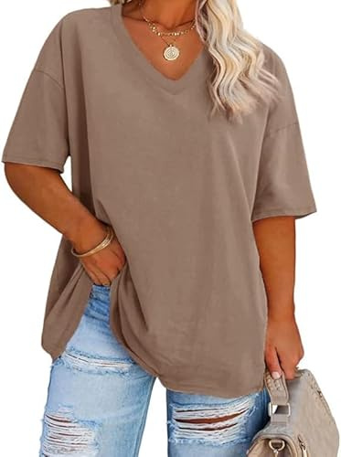 Fisoew Señoras Tallas Grandes Camiseta Media Manga Camisa con Cuello en V Verano Suelta Top Básico Sobredimensionado Manga Corta Algodón tee Tops(Caqui, XXXL)