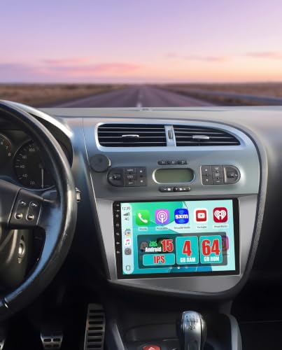 4+64G Autoradio para Seat Leon MK2 2005-2012 con CarPlay Android Auto | Android 15 Pantalla 9 IPS Auto Radio con Bluetooth Mirror Link Navegación GPS EQ WIFI FM RDS USB Micrófono Cámara