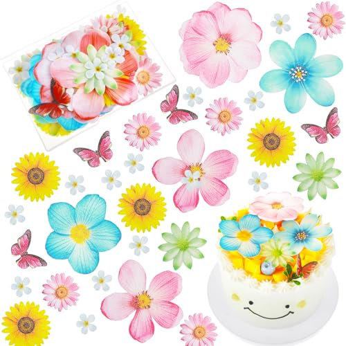 55 Stück Esspapier Tortendeko Essbare Blumen Schmetterlinge Torten Deko Küchendeko Essbar Muffin Deko Tortendeko Essbar Mädchen für Hochzeit Geburtstag Babyparty Dekorationen
