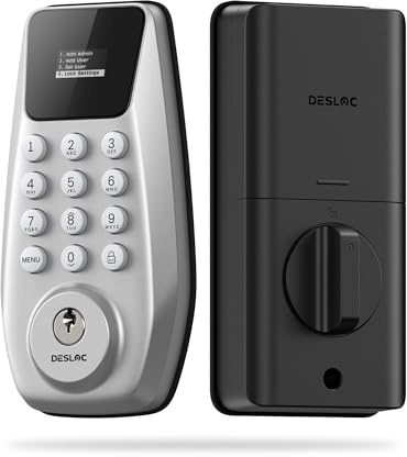 DESLOC C100 - Cerradura de puerta de entrada sin llave con teclado, cerradura inteligente para puerta delantera con 2 llaves, bloqueo automático, fácil instalación, 100 códigos PIN, IP54 impermeable