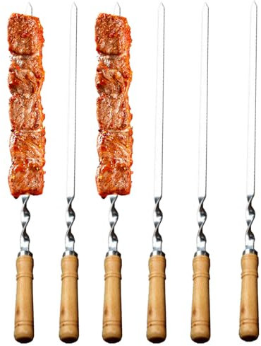 Lot de 6 pics à brochettes réutilisables en métal pour barbecue, longues et plates, en acier inoxydable, pour camping, cuisine, barbecue, viande