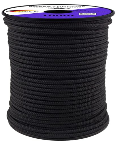 Polyesterseil PES Ø8mm – 16-fach geflochten mit Seilkern – reißfest & robust – UV- & witterungsbeständig – für Garten, Outdoor, Camping, Handwerk – Made in Germany (Schwarz, 10m - (lfm.) - ohne Spule)
