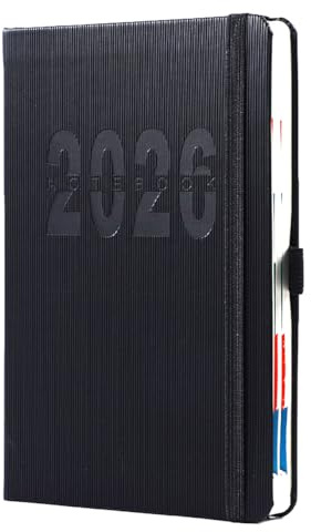 Kalender 2026 Buchkalender A5 1 Tag eine Seite, 2026 Terminplaner mit Tabs & Notizen, Hardcover, Stifthalter, 2 Lesezeichenband, Planer 25 Tagesplaner 1 Tag pro Seite