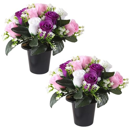 Rppiup Artificial Flowers for Graves, 2Pcs Purple & White Funeral Flowers, Memorial Floral Decorative Artificial Grave Flower Pots with Fake Bouquet, Rose Buds Cemetery Flowers for Memorial Christmas