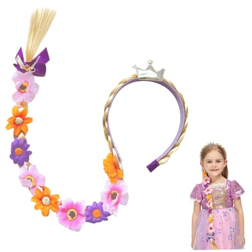 Rapunzel-Perücke für Kinder, 27 lange geflochtene Perücken-Stirnbänder, Rapunzel-Haar mit Tiara-Blumen geschmückt, verworrene Perücke für Mädchen, Prinzessinnen-Kostümzubehör, Stil 1, Dekor