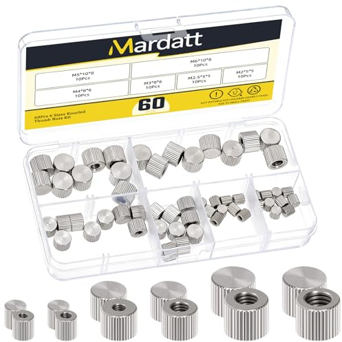 Mardatt 60PCS M2 M2.5 M3 M4 M5 M6 Knurled Thumb Nuts, Sliver Blind Hole Round Female Thread Type Flat Head Grooved Knurled Wing Nut Lock Adjusting Nuts for Furniture Fastening 3D Printer