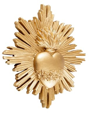 Baroni Home Ex Voto con Raggi in Resina, Decorazione da Parete con Gancio, Cuore Sacro Decorativo per la Casa, Dipinto a Mano Oro 14x14x2,5 cm