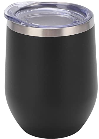 Stylebest Bicchiere da vino senza stelo, 340 ml, a doppia parete, isolato sottovuoto, in acciaio inox, con coperchio, per caffè, cocktail, ghiaccio, birra, acqua (nero)