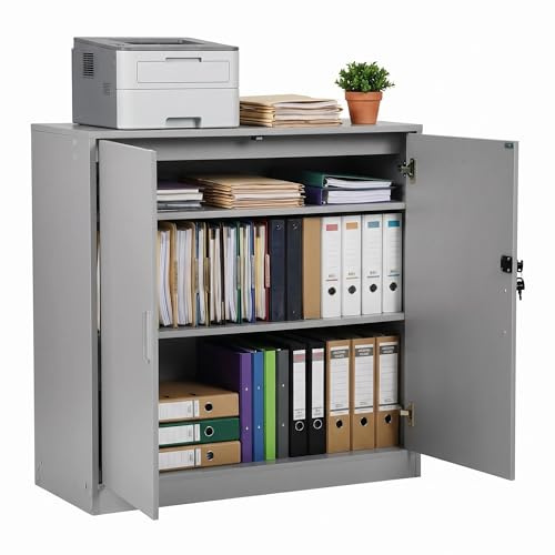 anrekl Aktenschrank, Büroschrank Abschließbarer Schrank mit Einlegeböden, Mehrzweckschrank Höhenverstellbar Aufbewahrungsschrank Aktenschränke für Büro, Homeoffice, Wohnzimmer, Garage,Grau