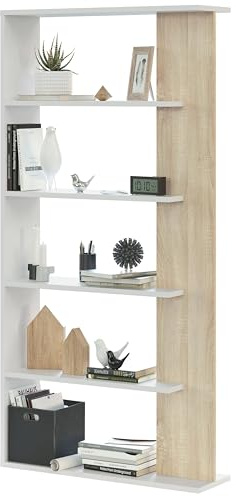 Habitdesign Estantería 5 baldas, Librería Comedor, Salon, Modelo Alida, Acabado en Color Blanco Artik y Roble Canadian, Medidas: 180 cm (Alto) x 90 cm (Ancho) x 25 cm (Fondo)