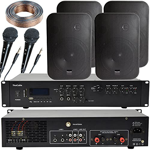 400W Stereo Bluetooth Audio & Voice Public Address System | 2 Channel Mixer Amplifier Amp Kit | 4x 200W Black Wall Mounted Speakers | Loud Wireless Music | School Assembly Town Hall | Echo Alexa