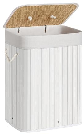 21Bamboo Eleganter Bambus Wäschekorb 72L mit Deckel – Stabiler & Faltbarer Wäschesammler, Herausnehmbarer Wäschesack, für Badezimmer, Schlafzimmer oder Kinderzimmer – Natürliche Optik (weiß)