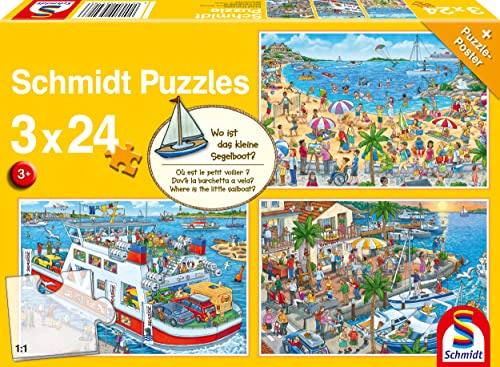 Schmidt Spiele 56418 Wo ist das kleine Segelboot-3x24 Teile Kinderpuzzle, bunt, normal