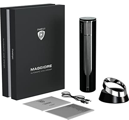 Prestigio Maggiore Korkenzieher Elektrischer - Premium Wein Flaschenöffner mit Ladestation - Integrierter Folienschneider - Verpackt in hochwertiger Geschenkbox - Schwarz/Silber