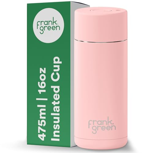 frank green Insulated Travel Mug for Cold Or Hot Drinks - 475ml/16oz Reusable Coffee Cup with Push-Button Lid, Ceramic Lined, Triple Wall Vacuum - Blushed Pink