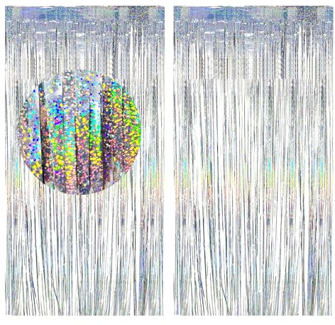 duoyif Lametta Vorhang 2 Stücke 2,5x1m Lametta Vorhang Silber Glitzer Party Deko, Vorhänge Luftschlangen Fransen, Glitzer Vorhang Für Karneval Disco Party Hochzeit Neujahr Weihnachten Deko (Silber)