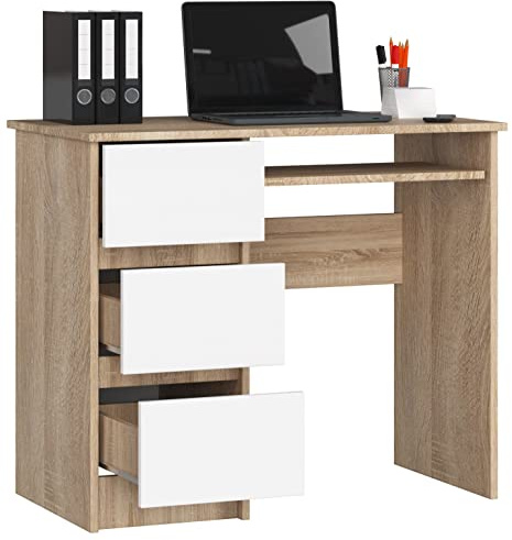 BDW - Mesa de ordenador con 3 cajones y cajón deslizante para teclado – Escritorio para ordenador de sobremesa o portátil, escuela y adolescentes, 90 x 77 x 50