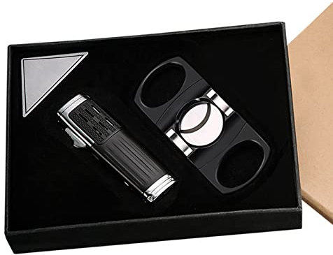 Ensemble Allume-cigares et Coupe-cigares Portables (2 Pièces/Ensemble), Torche et Coupe-cigares Au Gaz Butane à 3 Jets, Emballage avec Boîte-Cadeau