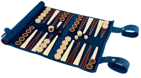 Melia Outlet Rollbares Backgammon aus Leder – Premium Reise Backgammon Set – Handgefertigt in Deutschland – Luxus Brettspiel zum Rollen (B-Ware oder Restposten) BLAU