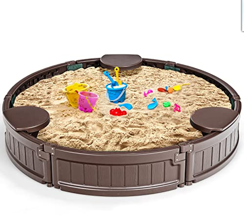 Costzon 4FT Round Sandbox, Outdoor Sand Box Kit w/Waterproof Cover, Bottom Liner & Built-in Corner Seating, Accommodate for 3 Kids, Easy Assembly, Sand Pit for Backyard Beach (Round)