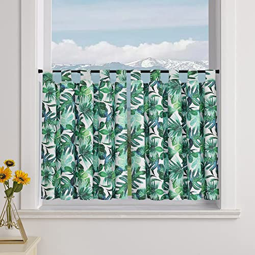 Delien 2er Set Scheibengardinen Landhaus Bistrogardine Blickdicht Küchengardinen Modern »Bananenblätter« Klein Fenster Kurz Vorhang für Badezimmer mit Schlaufen BxH 110x90cm,Grün
