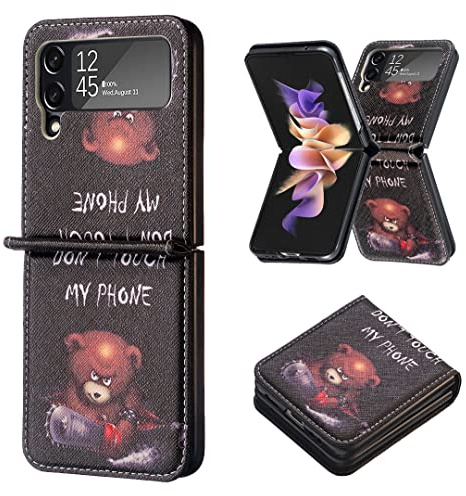 LEMAXELERS Coque Galaxy Z Flip 3,Portefeuille Etui Housse pour Samsung Galaxy Z Flip 3 Coque antichoc Paillon Fleur Anime PU Cuir Flip Wallet Étui Coquille Couverture pour Galaxy Z Flip 3,BF Saws Bear