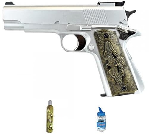 Ecommur. HFC HG 123S Argento | Pistola a gas per pallini da softair 6 mm + bottiglia di Green Gas + bombola 1000 0,20. (Potenza: 0,5 joule)