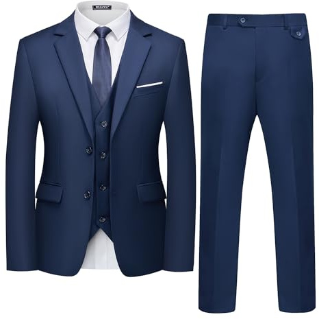 WULFUL Men's 3 Piece Slim Fit Suit Set Two Button Blazer Jacket Vest Pants Tuxedo Set for Party, Wedding and Business Navy