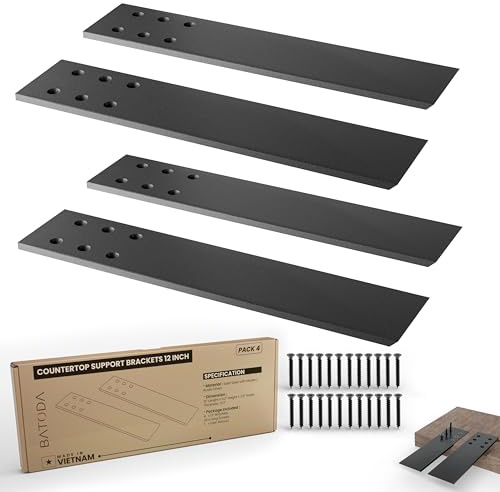 BATODA 12 Countertop Support Brackets (4 pcs) for Granite - Heavy Duty L Shelf Bracket - Wall Mounted Support for DIY Open Shelving – Knee Wall Support - Mounting Hardware Included ( Pack 4 )