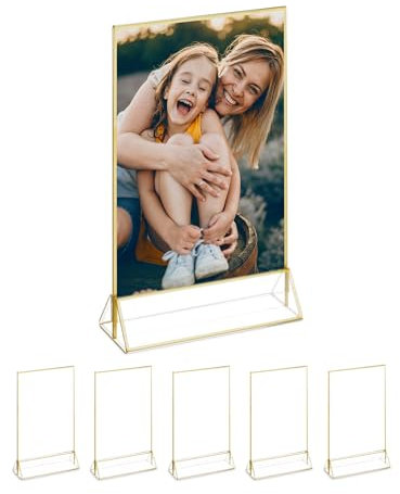 Relaxdays portamenu da tavolo Set de 6 Soportes de Sobremesa, DIN A5, Boda, Cartas de Menú y Fotos, Expositor de Acrílico, Transparente/Oro