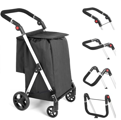 LEUYA ABC Livsmedelsvagn, 4-hjulig shoppingvagn, 46 l aluminium kundvagn, hopfällbar shoppingvagn med isolerad kylväska (svart)