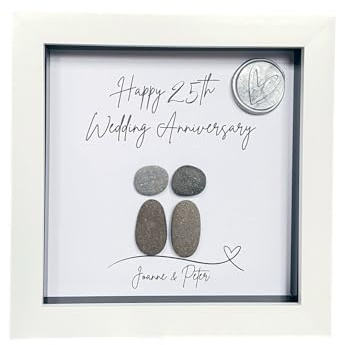 25th Wedding Anniversary Gift Ideas, Silver Wedding Anniversary Gifts for Wife Husband Couple Parents Sister Brother, Handmade Pebble Art Keepsake Unique Frame, Wax Seal, Personalised